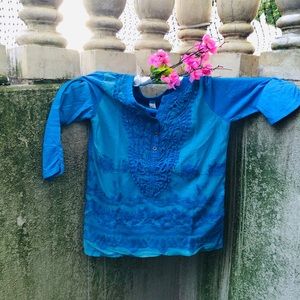 Bright Blue Comfy Shirt w/crochet detailing  XO